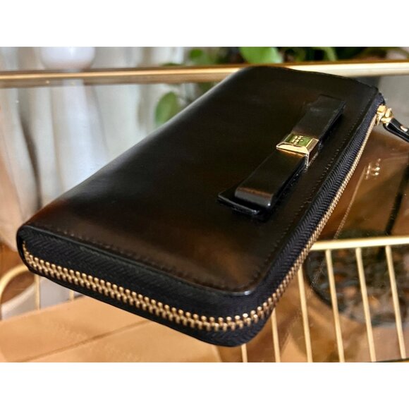 Authentic Kate Spade Black Bow Tie 1/2 Zip Leather Wallet with Bright Pink Inter - Picture 5 of 9